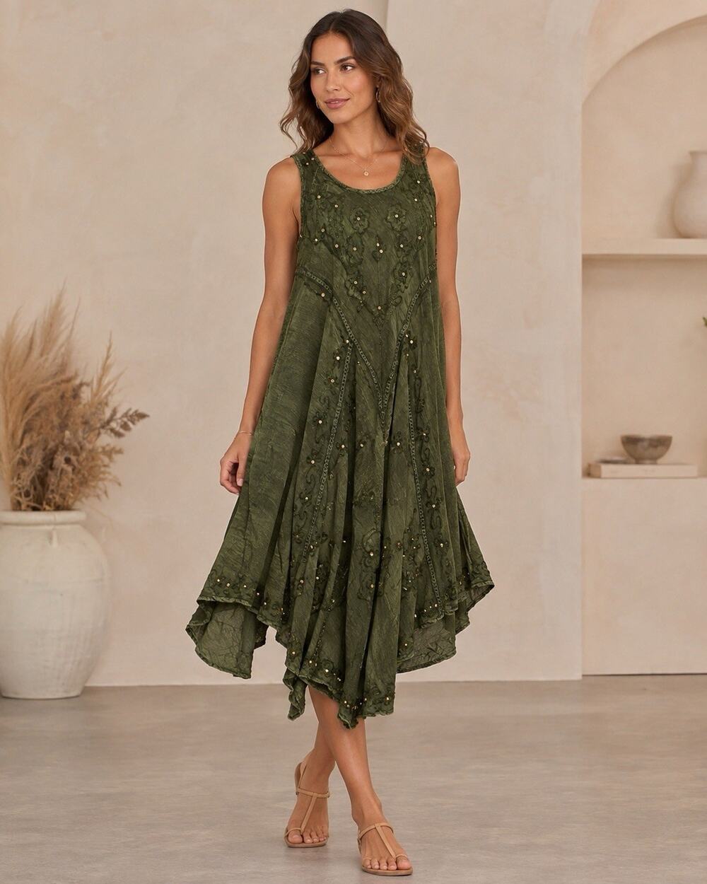 New With Tags Riviera Sun Dress Forest Green Embroidery Size Small Boho Style
